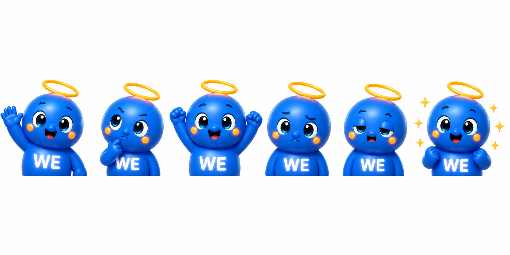 WE mascot in 6 different moods, waving, thinking, celebrating, concerned, sleepy, cheering