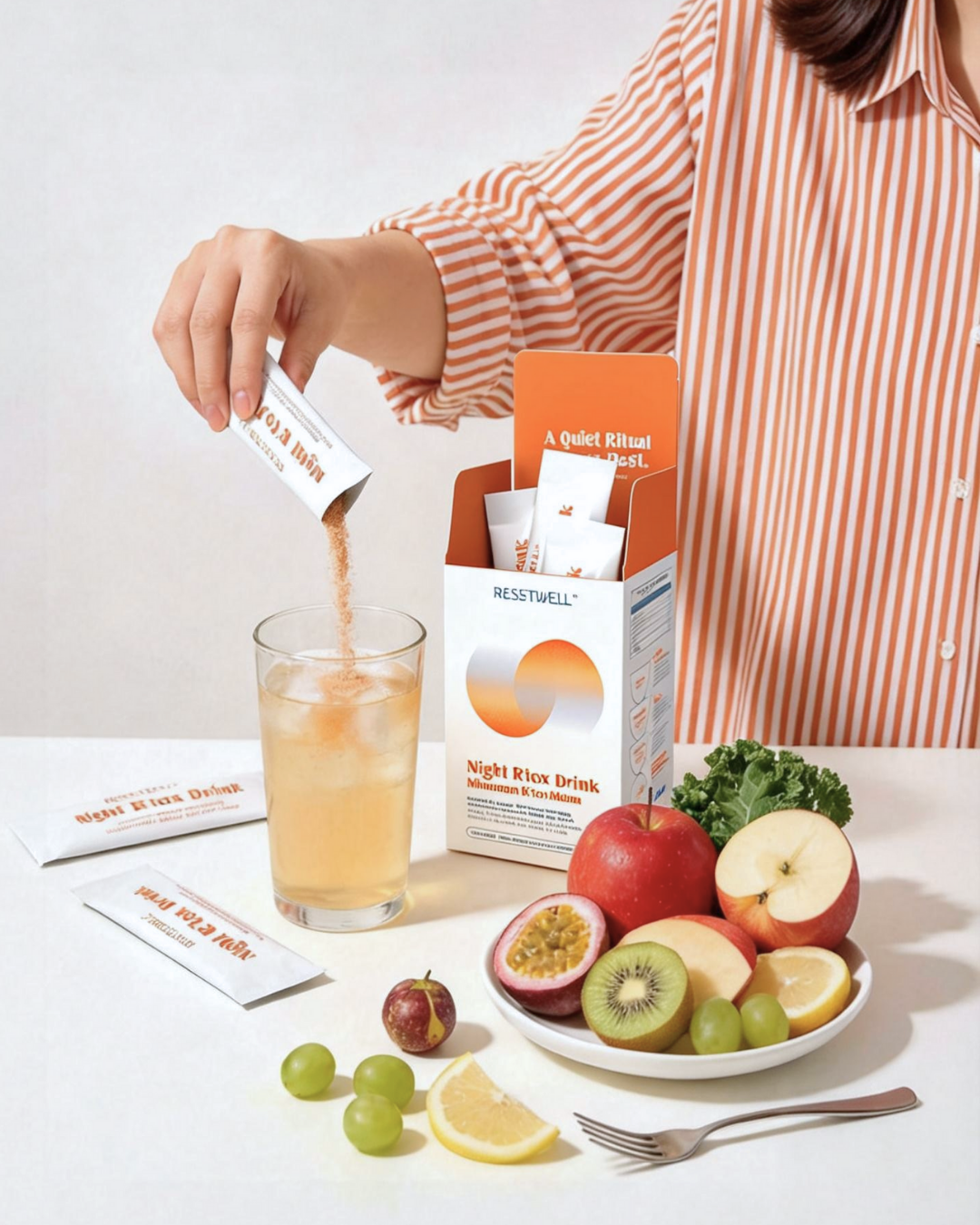 Pouring ResetWell Night R'tox sachet into a glass, lifestyle scene