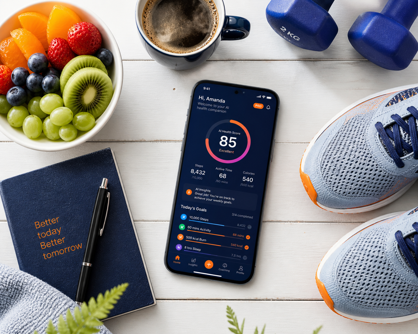 A morning lifestyle setup, phone with WeCare app, fruits, dumbbells and shoes